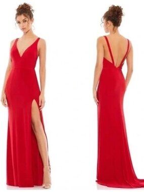 Mac Duggal Red V-Neck Maxi Gown with Leg Slit